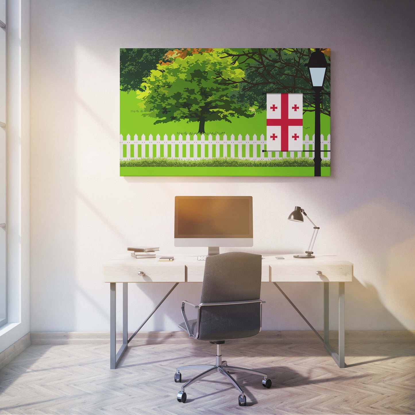 Georgia Trees Street Lamp Canvas Print Framed