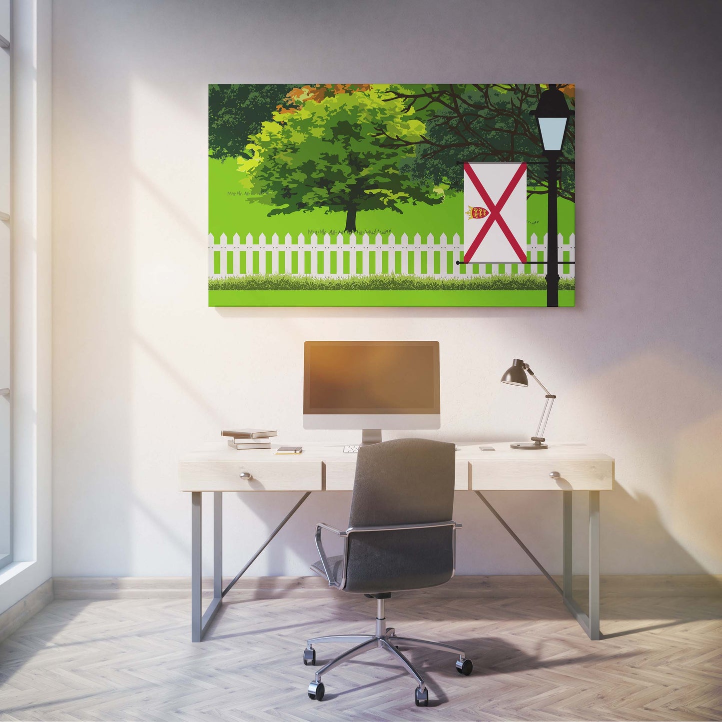 Jersey Trees Street Lamp Canvas Print Framed