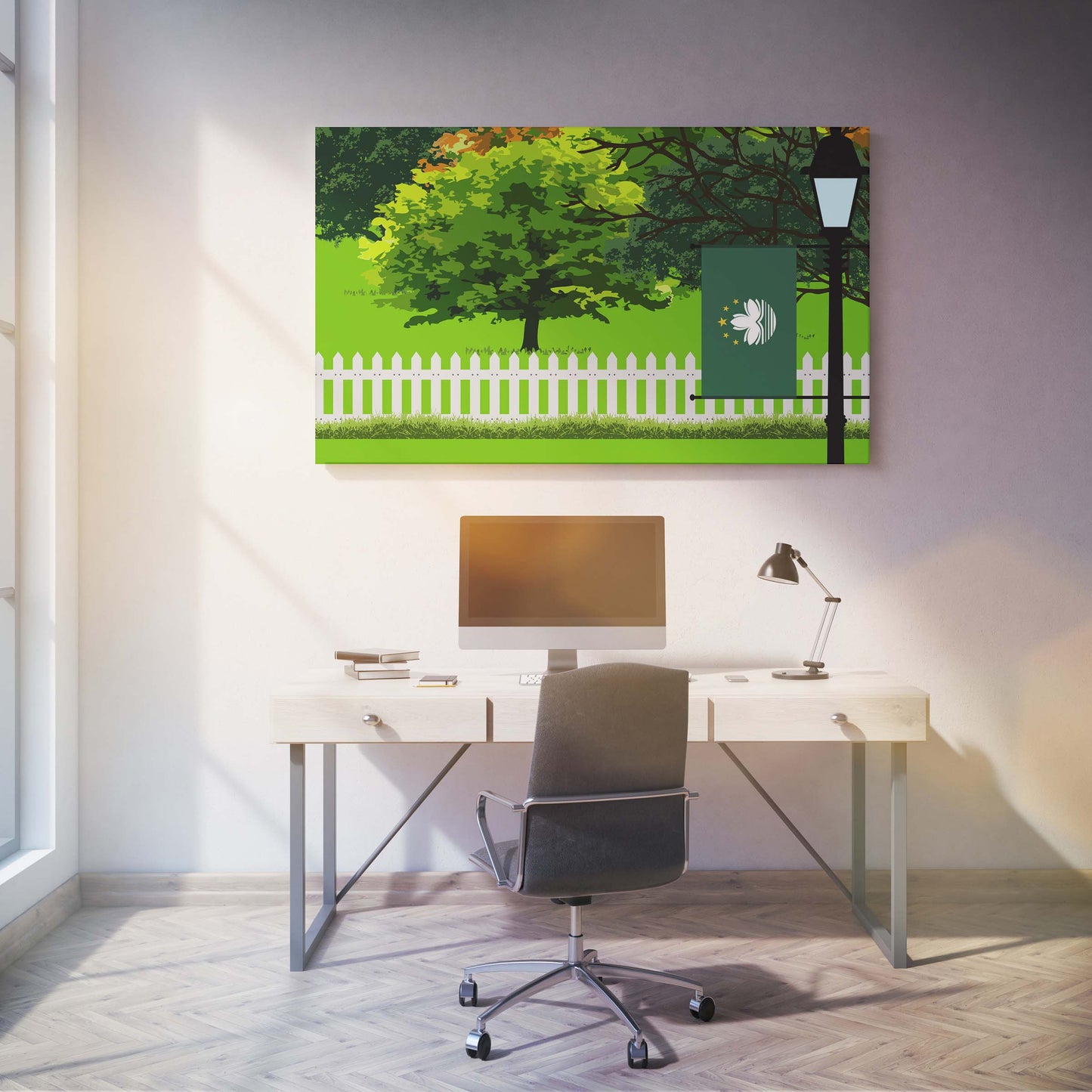 Macau Trees Street Lamp Canvas Print Framed