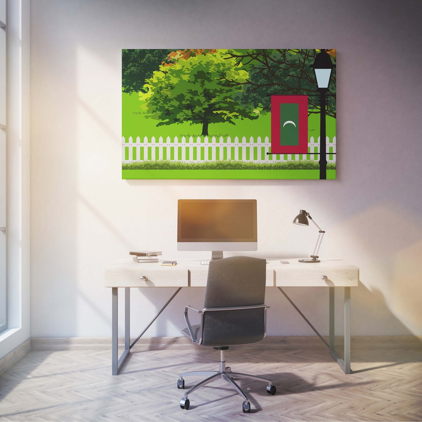 Maldives Trees Street Lamp Canvas Print Framed