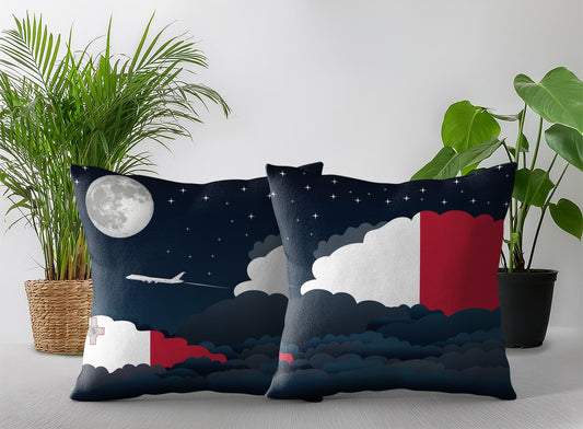 Malta World Airplane Night Clouds Square & Rectangle Pillow Cases | Aviation Night Sky Pillow Covers