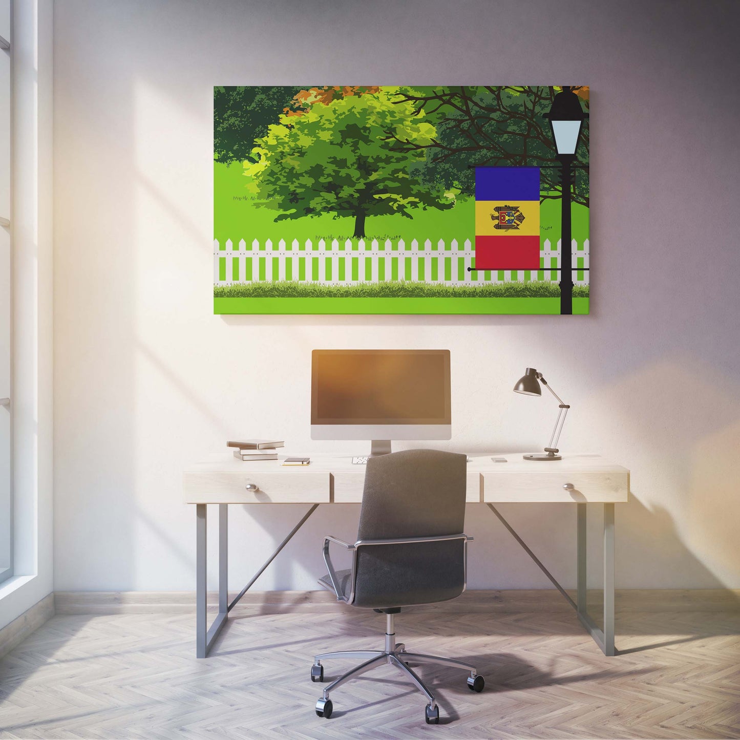 Moldova Trees Street Lamp Canvas Print Framed