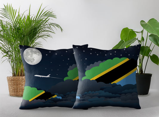 Tanzania World Airplane Night Clouds Square & Rectangle Pillow Cases | Aviation Night Sky Pillow Covers