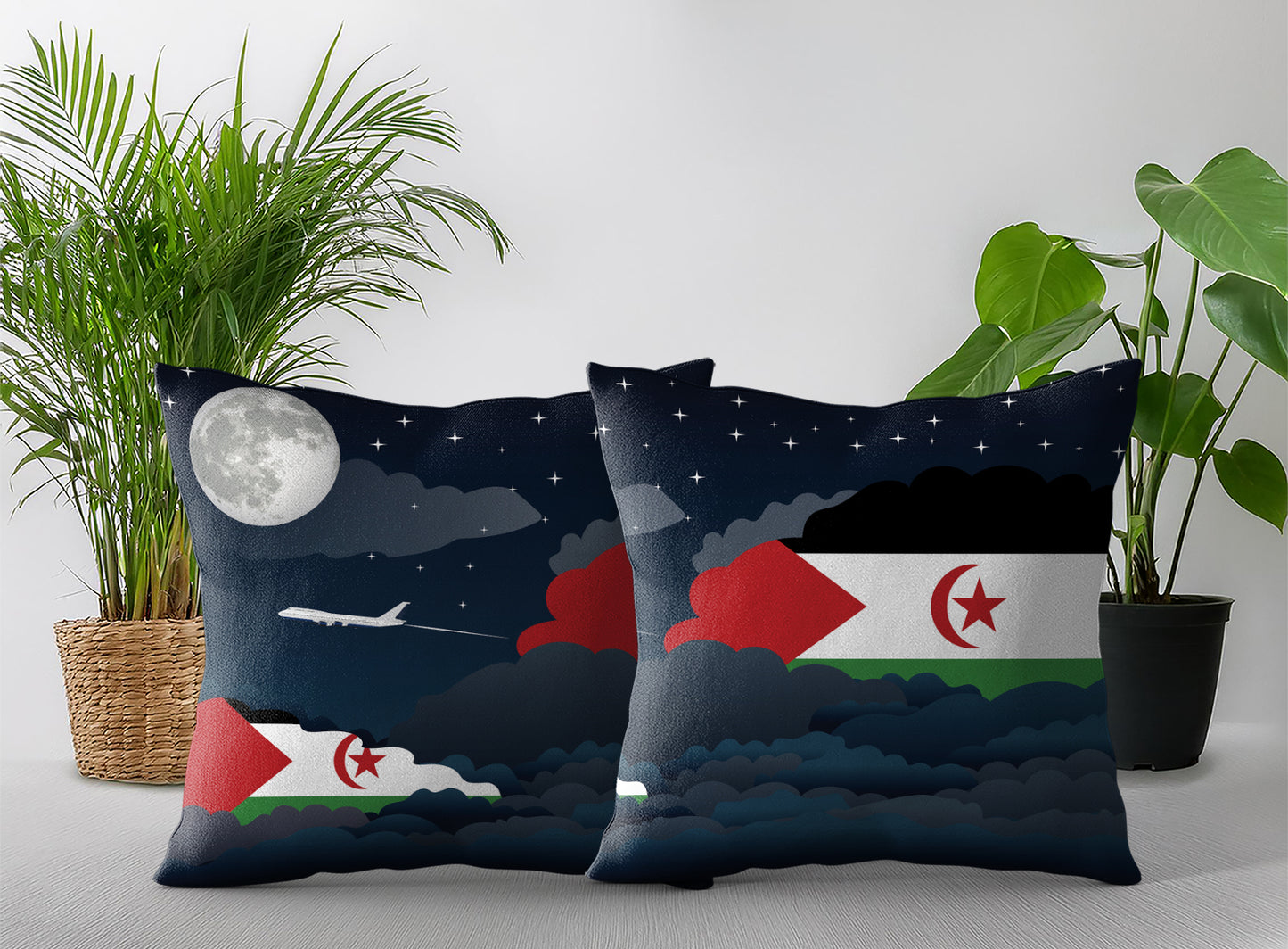 Western Sahara World Airplane Night Clouds Square & Rectangle Pillow Cases | Aviation Night Sky Pillow Covers