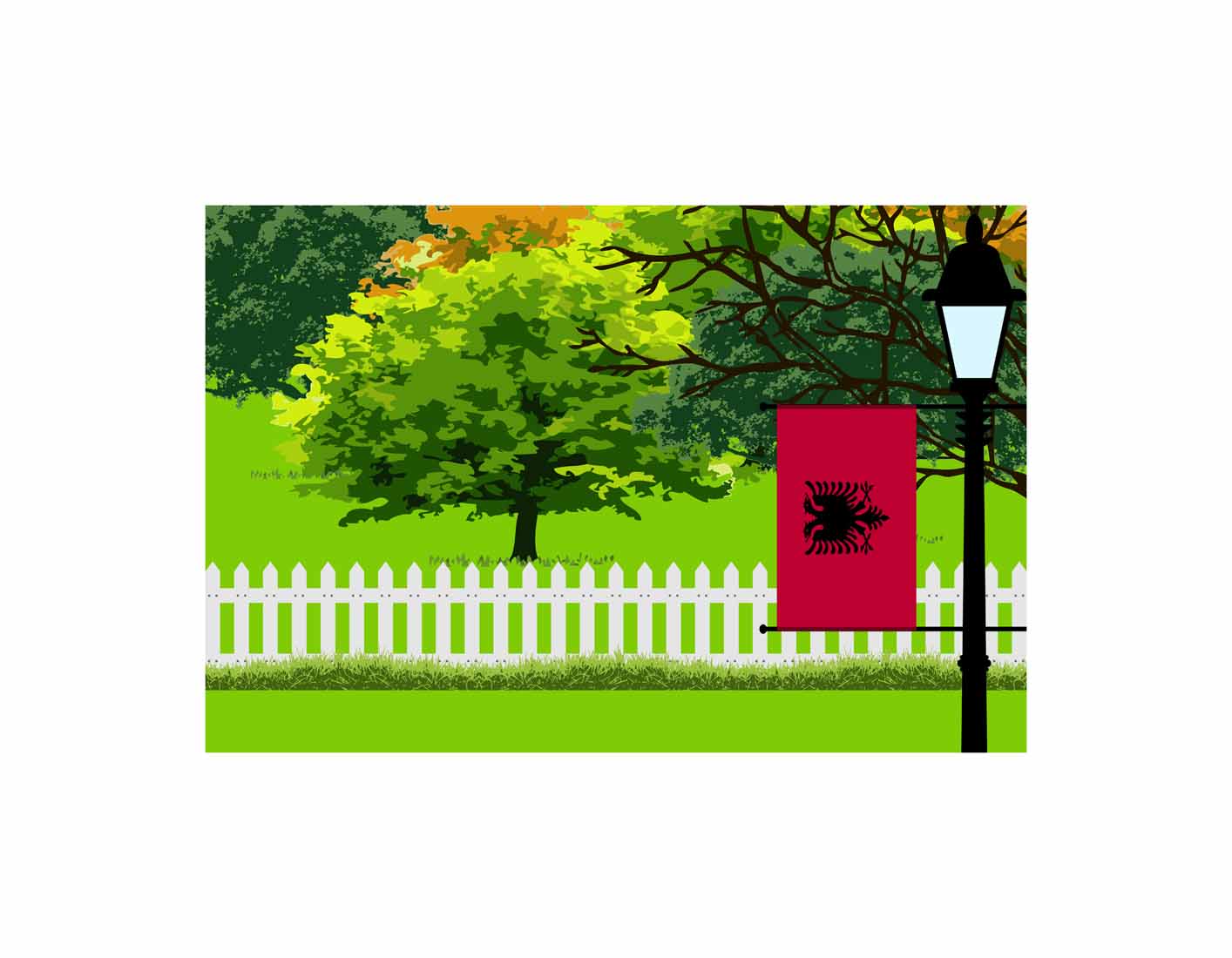 Albania Flags Trees Street Lamp Canvas Print Framed