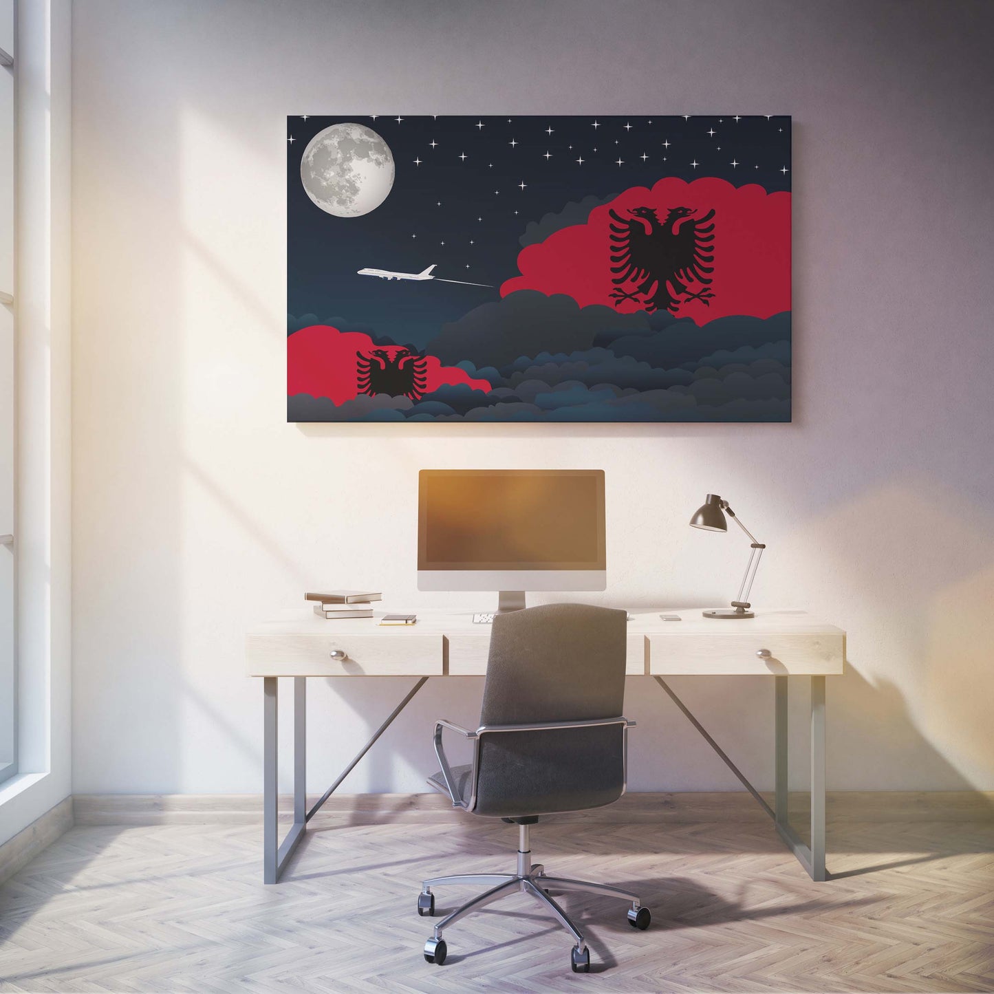 Albania Flags Night Clouds Canvas Print Framed