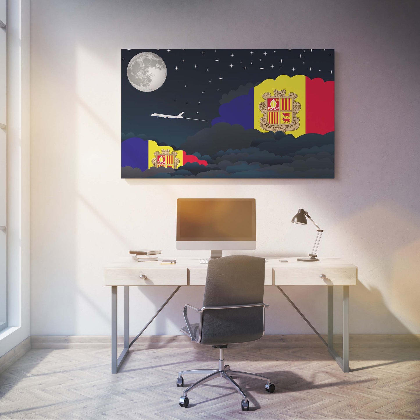 Andorra Flags Night Clouds Canvas Print Framed