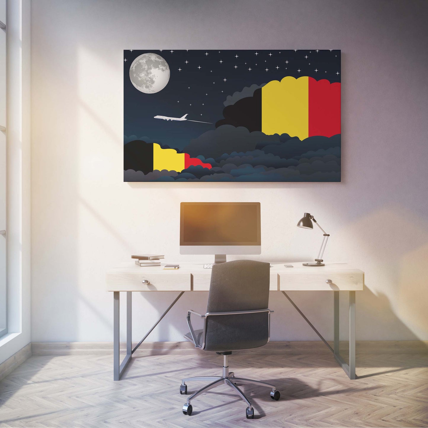 Belgium Flags Night Clouds Canvas Print Framed