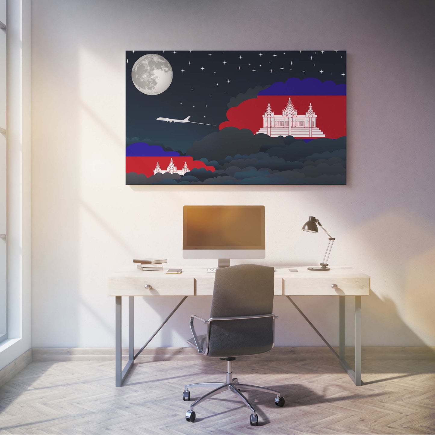 Cambodia Flags Night Clouds Canvas Print Framed