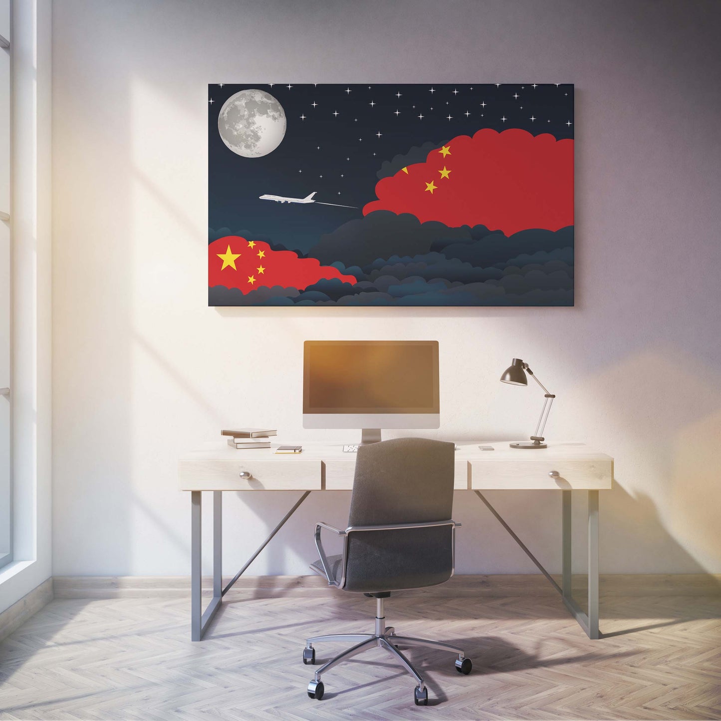 China Flags Night Clouds Canvas Print Framed
