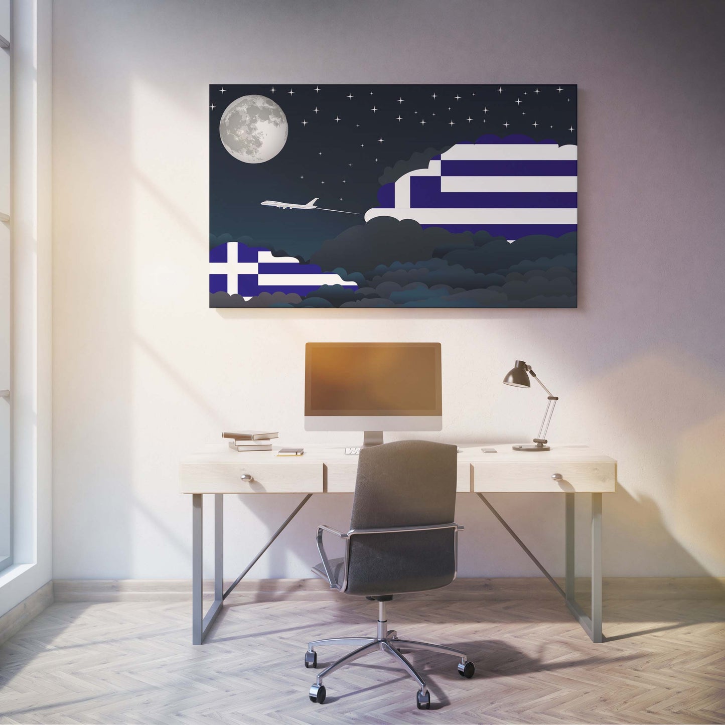 Greece Flags Night Clouds Canvas Print Framed