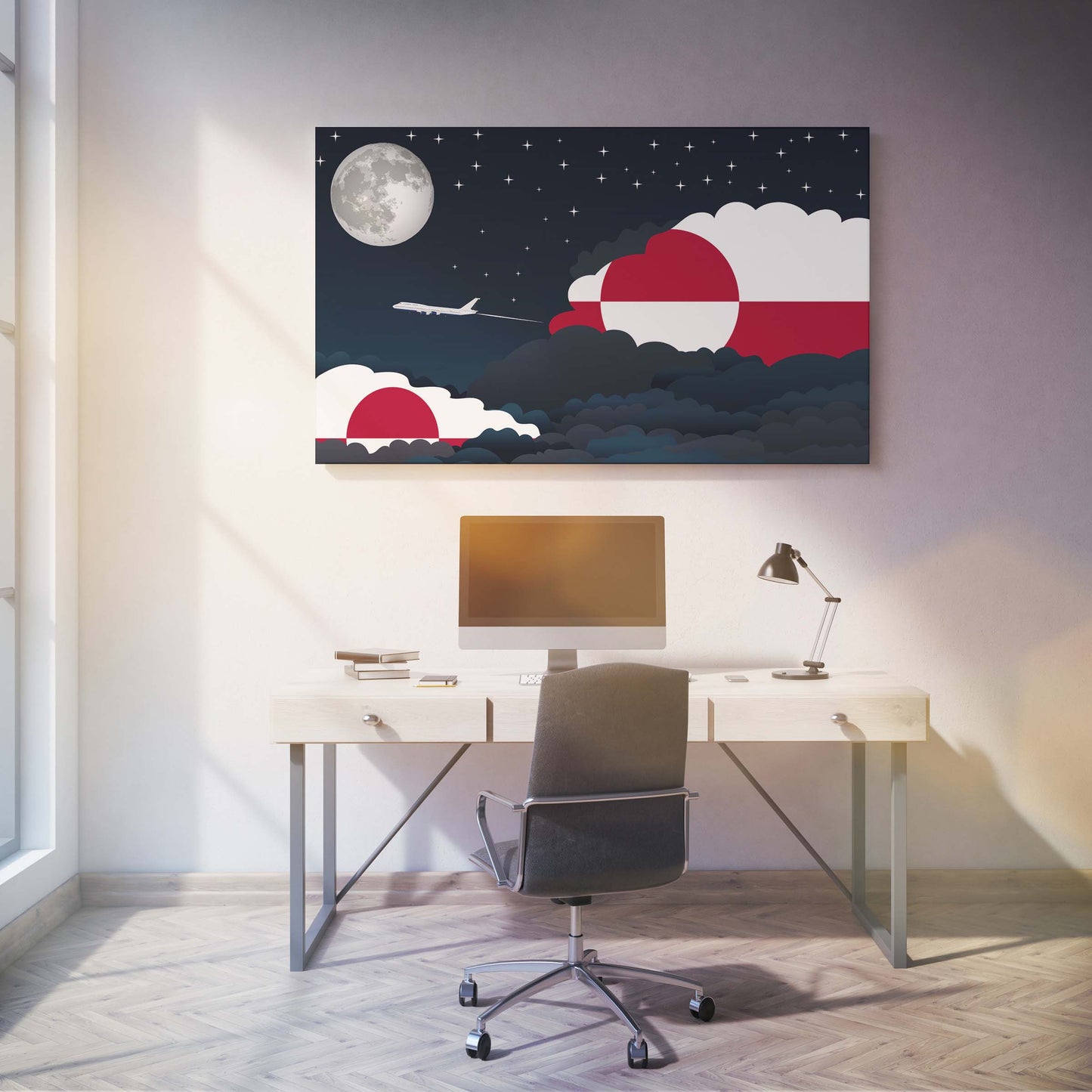 Greenland Flags Night Clouds Canvas Print Framed