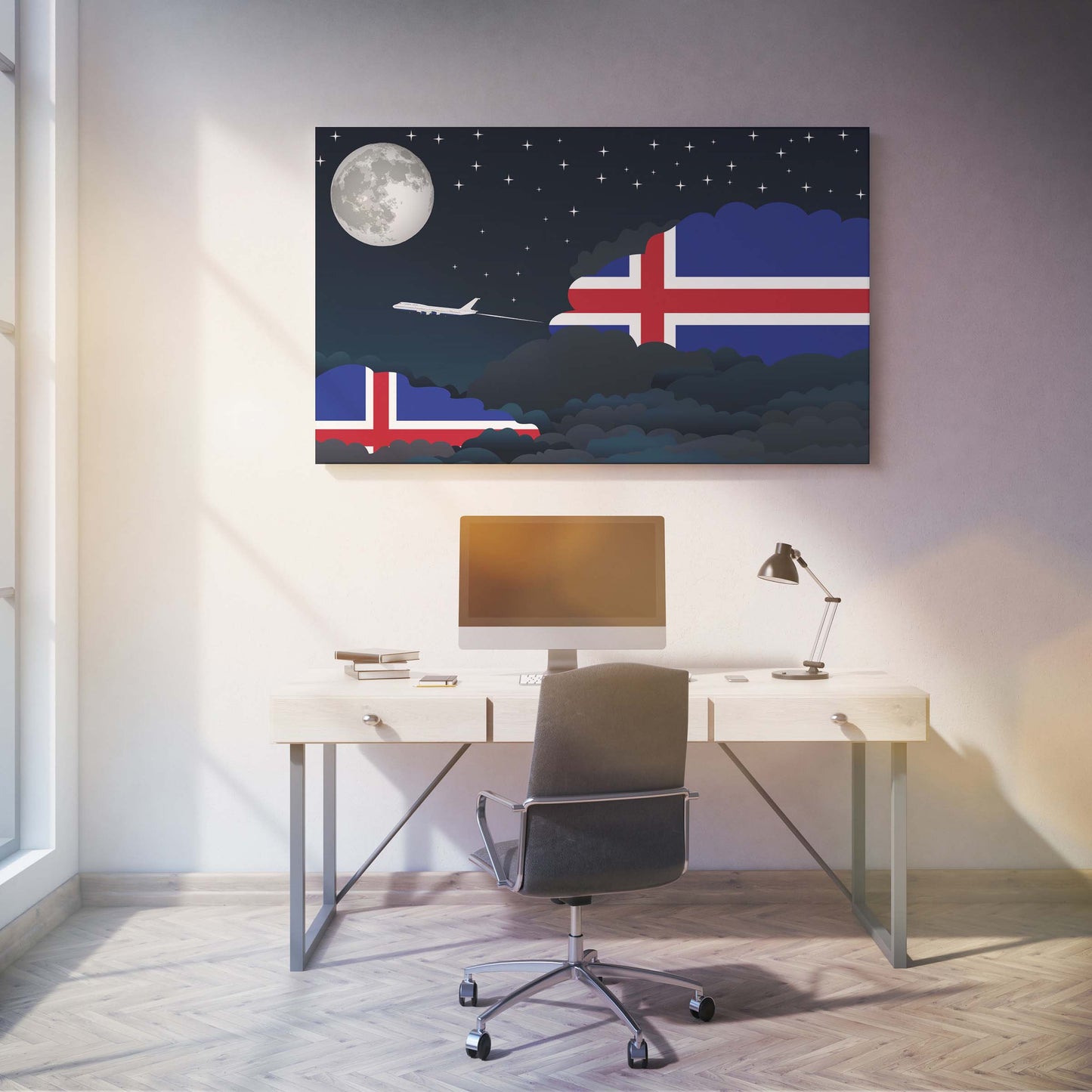 Iceland Flags Night Clouds Canvas Print Framed