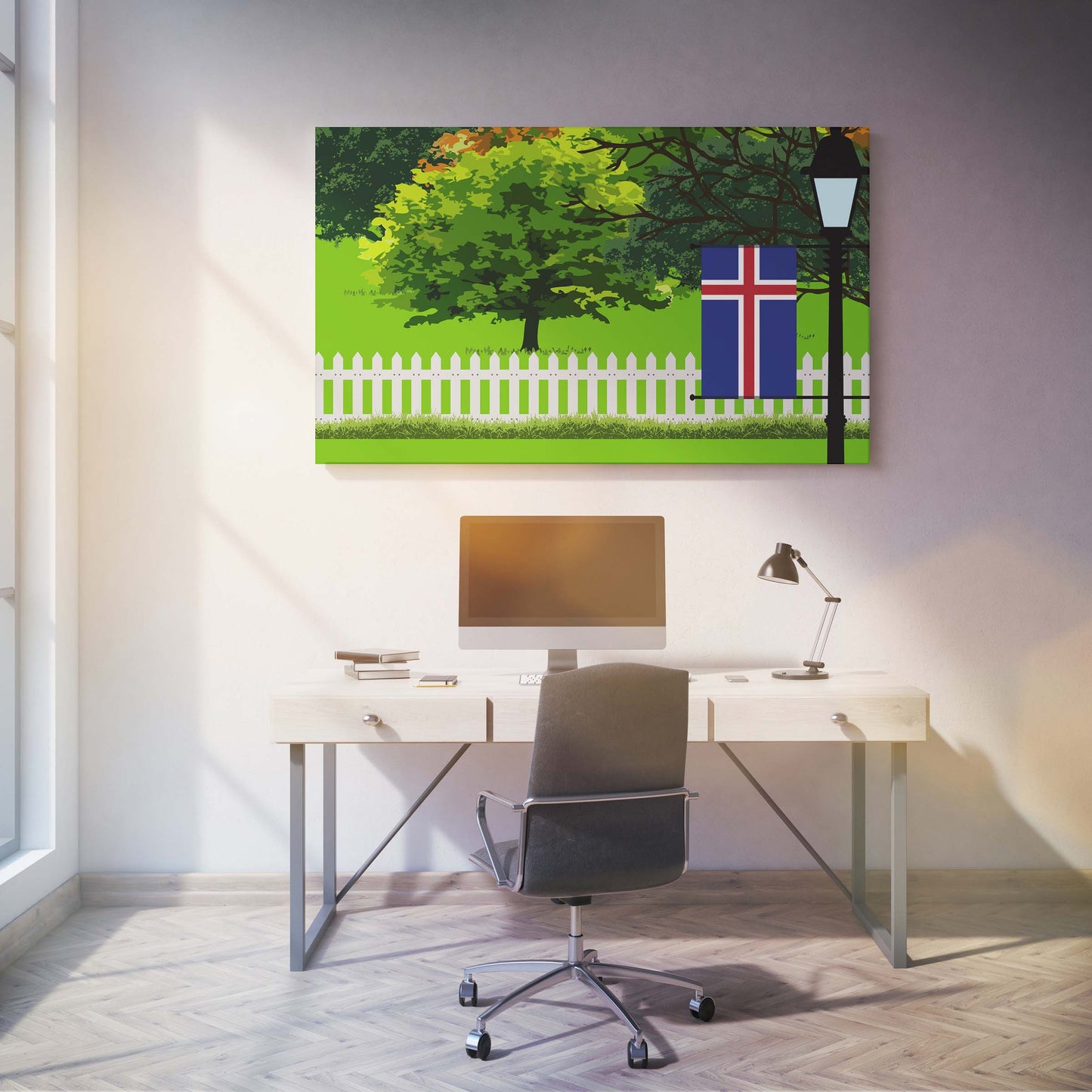 Iceland Flags Trees Street Lamp Canvas Print Framed