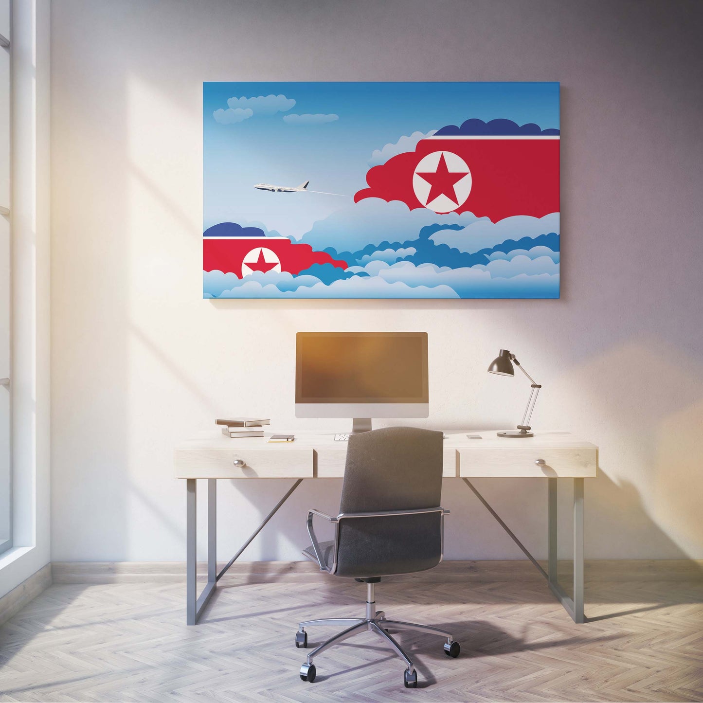 Korea North Flags Day Clouds Canvas Print Framed