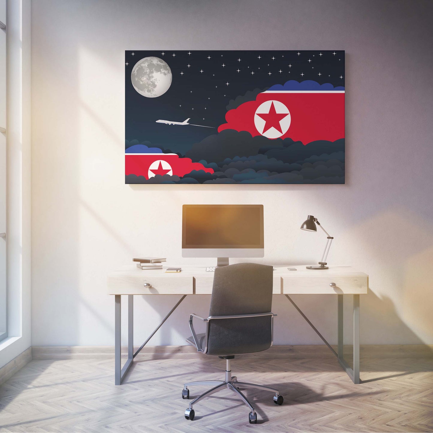 Korea, North Flags Night Clouds Canvas Print Framed