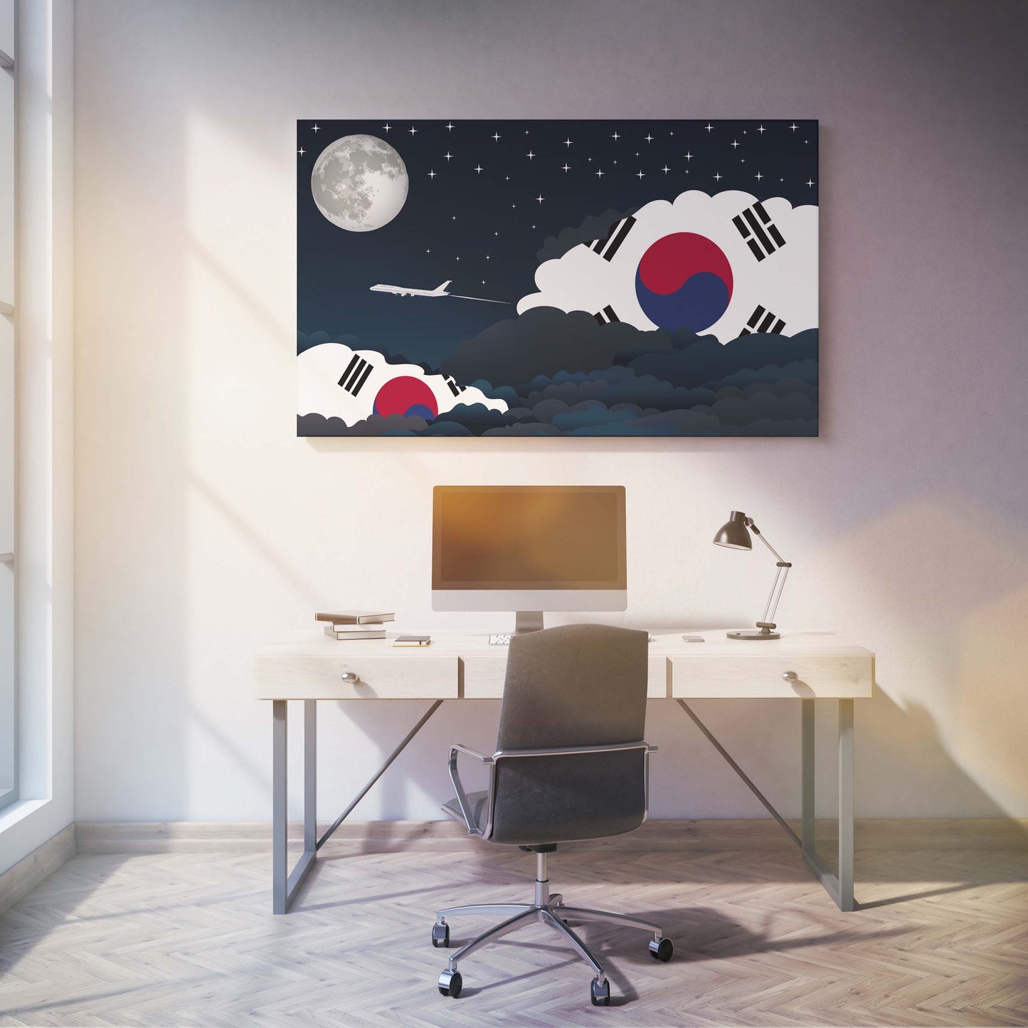 Korea, South Flags Night Clouds Canvas Print Framed