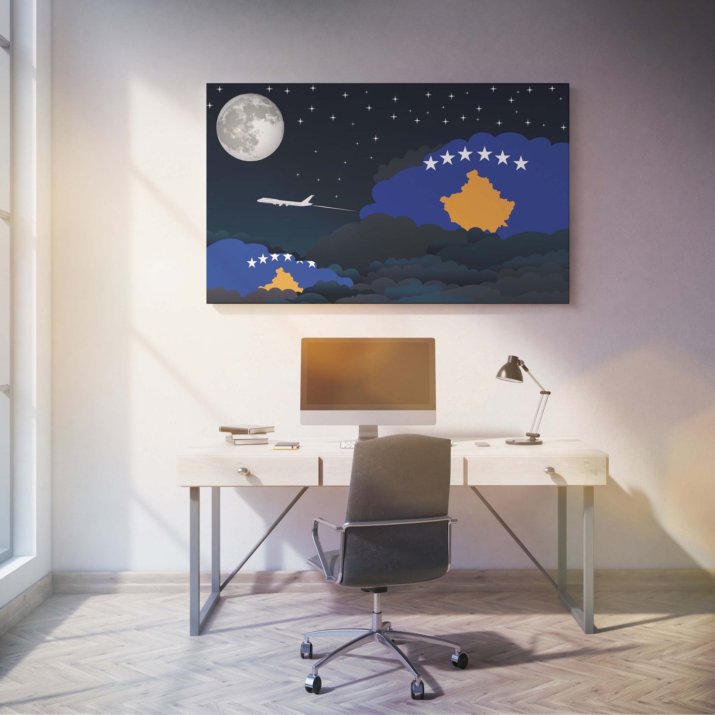 Kosovo Flags Night Clouds Canvas Print Framed