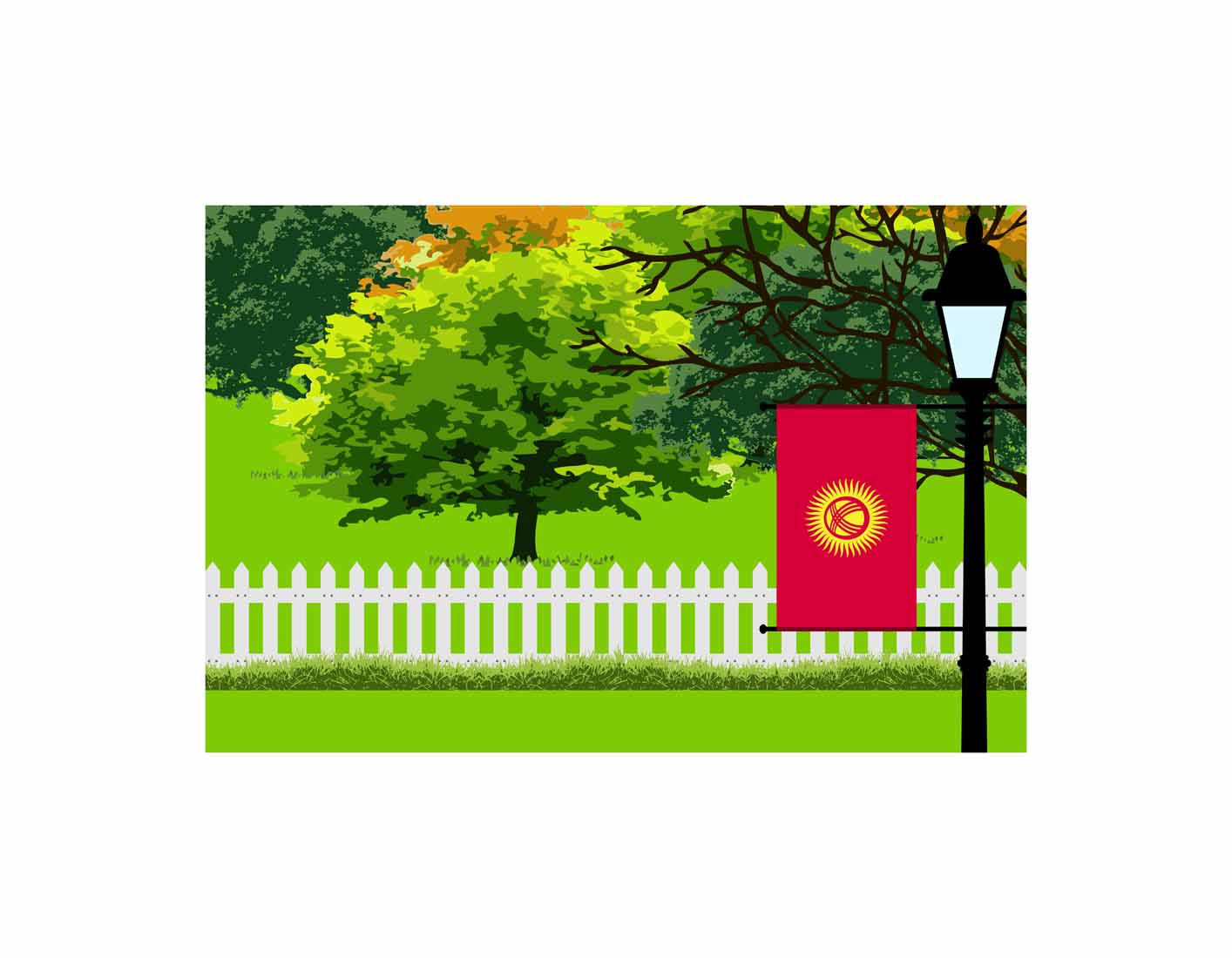 Kyrgyzstan Flags Trees Street Lamp Canvas Print Framed