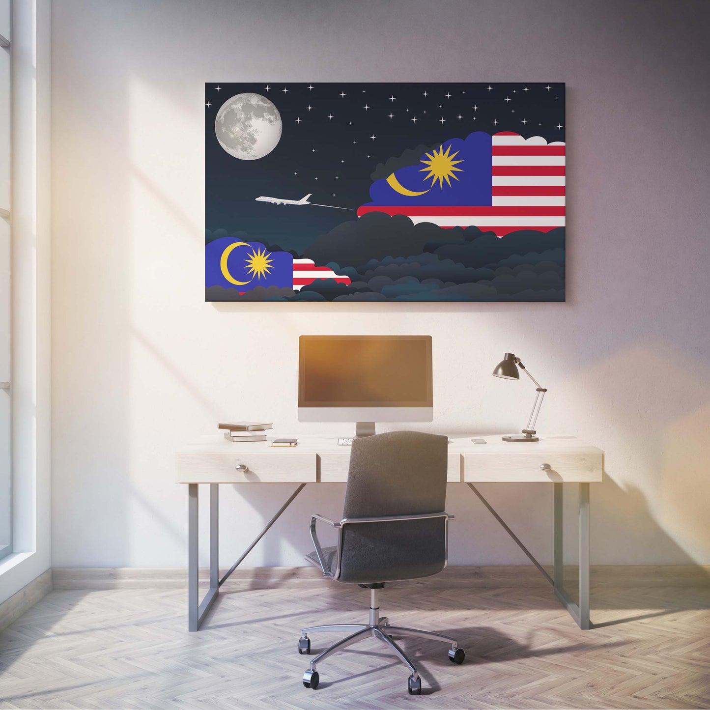 Malaysia Flags Night Clouds Canvas Print Framed