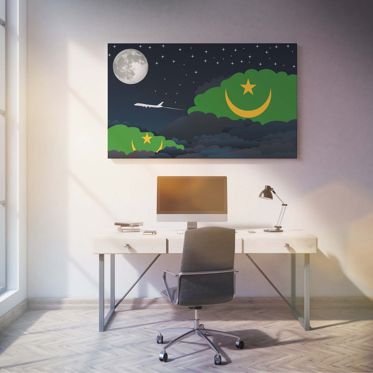 Mauritania Flags Night Clouds Canvas Print Framed