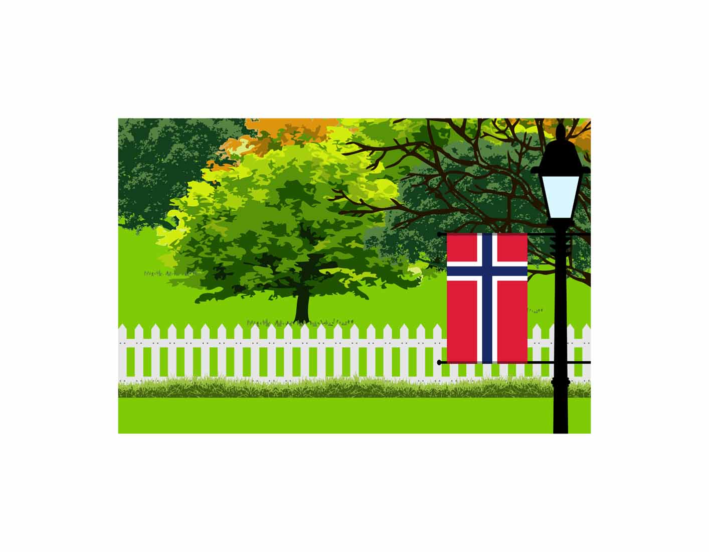 Norway Flags Trees Street Lamp Canvas Print Framed