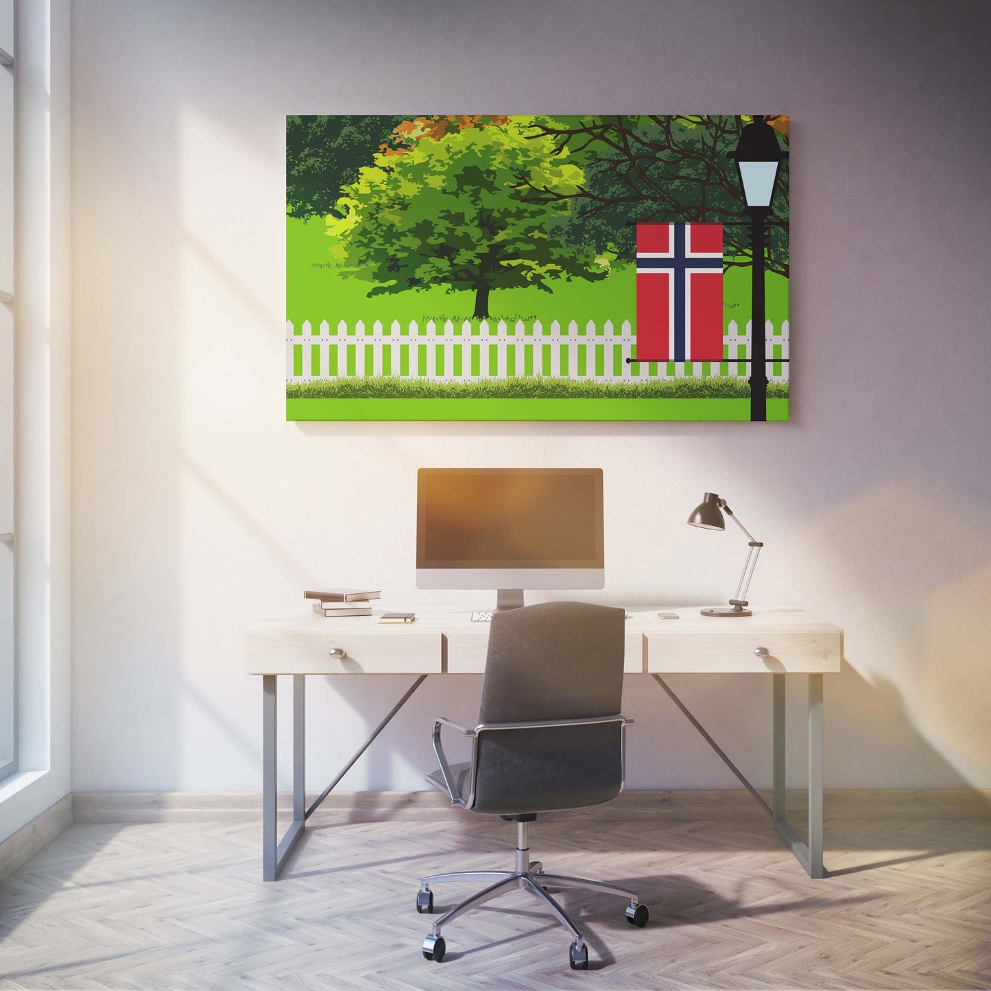 Norway Trees Street Lamp Canvas Print Framed