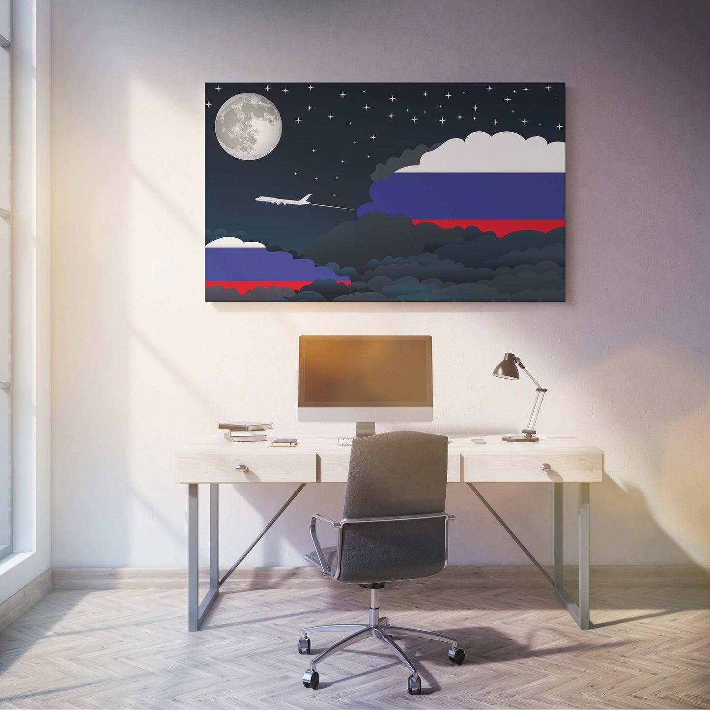 Russia Flags Night Clouds Canvas Print Framed