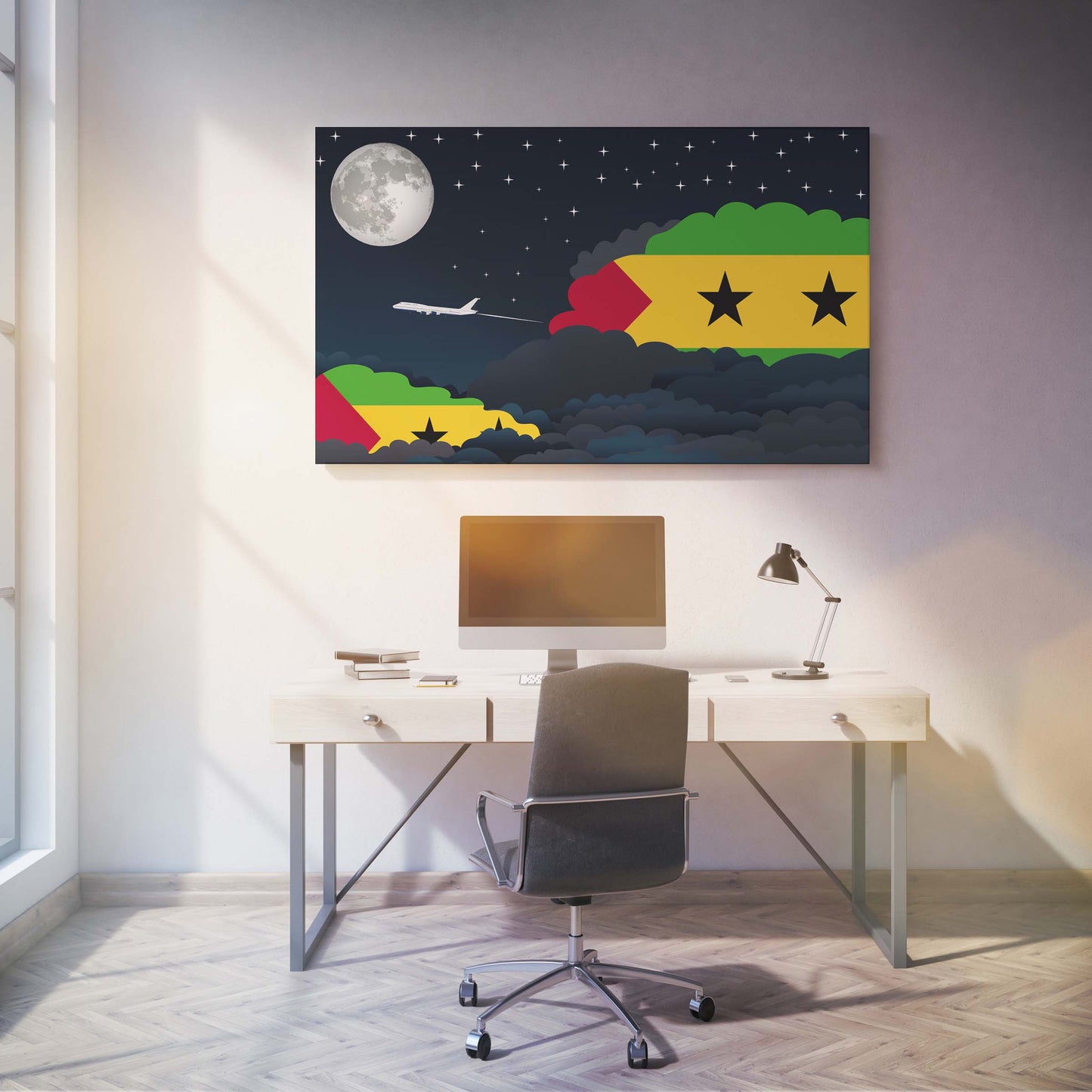 Sao Tome and Principe Flags Night Clouds Canvas Print Framed