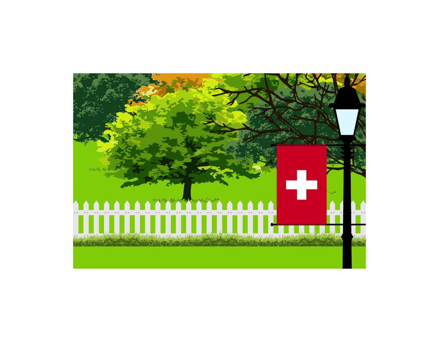 Switzerland Flags Trees Street Lamp Canvas Print Framed