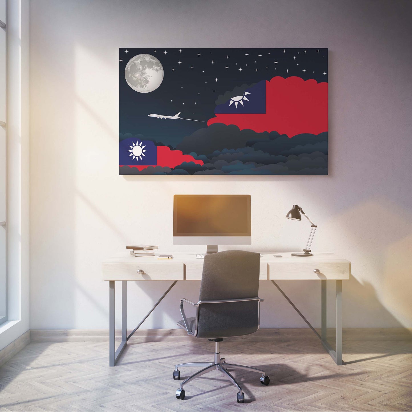 Taiwan Flags Night Clouds Canvas Print Framed