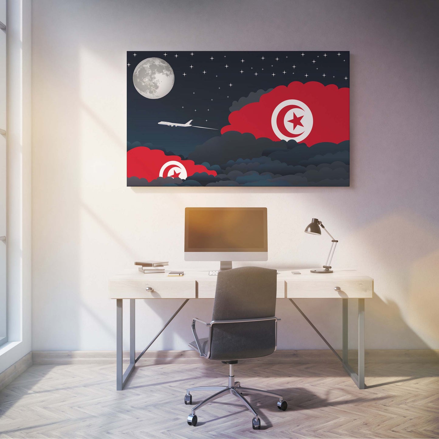 Tunisia Flags Night Clouds Canvas Print Framed