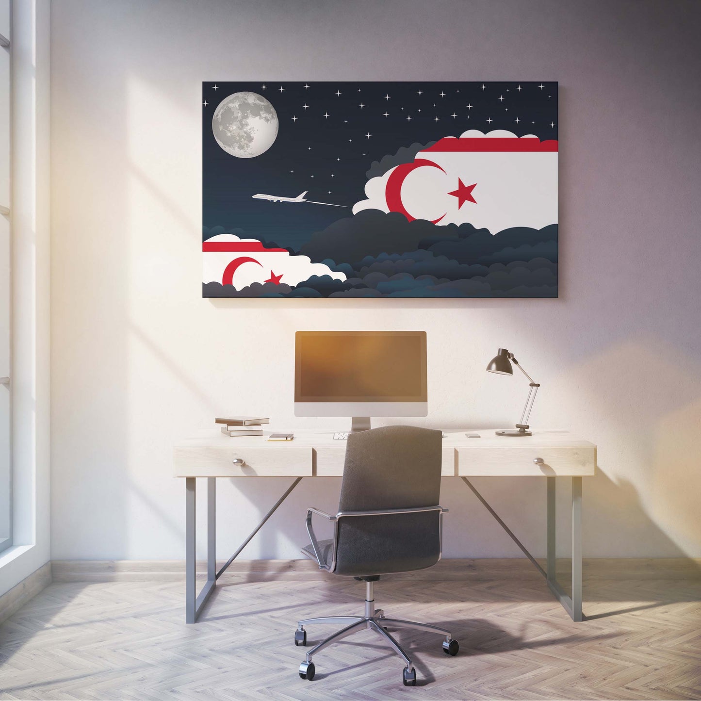 Turkish Republic of Northern Cyprus Flags Night Clouds Canvas Print Framed
