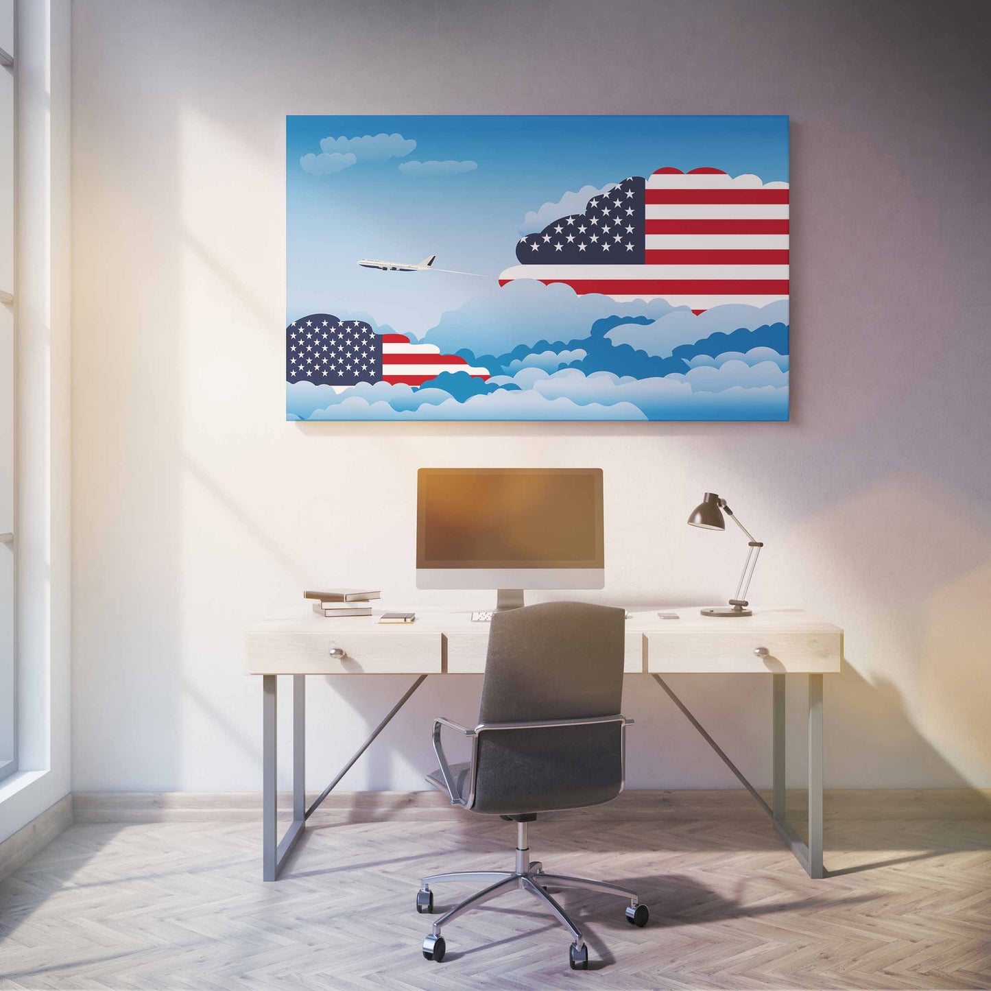 United States Flags Day Clouds Canvas Print Framed