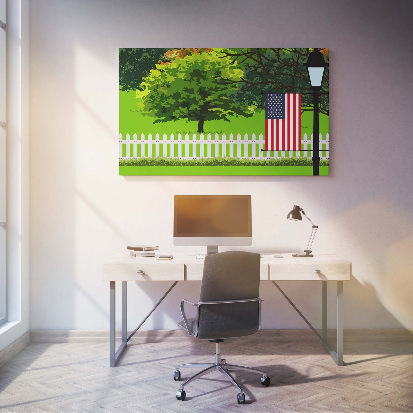 United States Flags Trees Street Lamp Canvas Print Framed