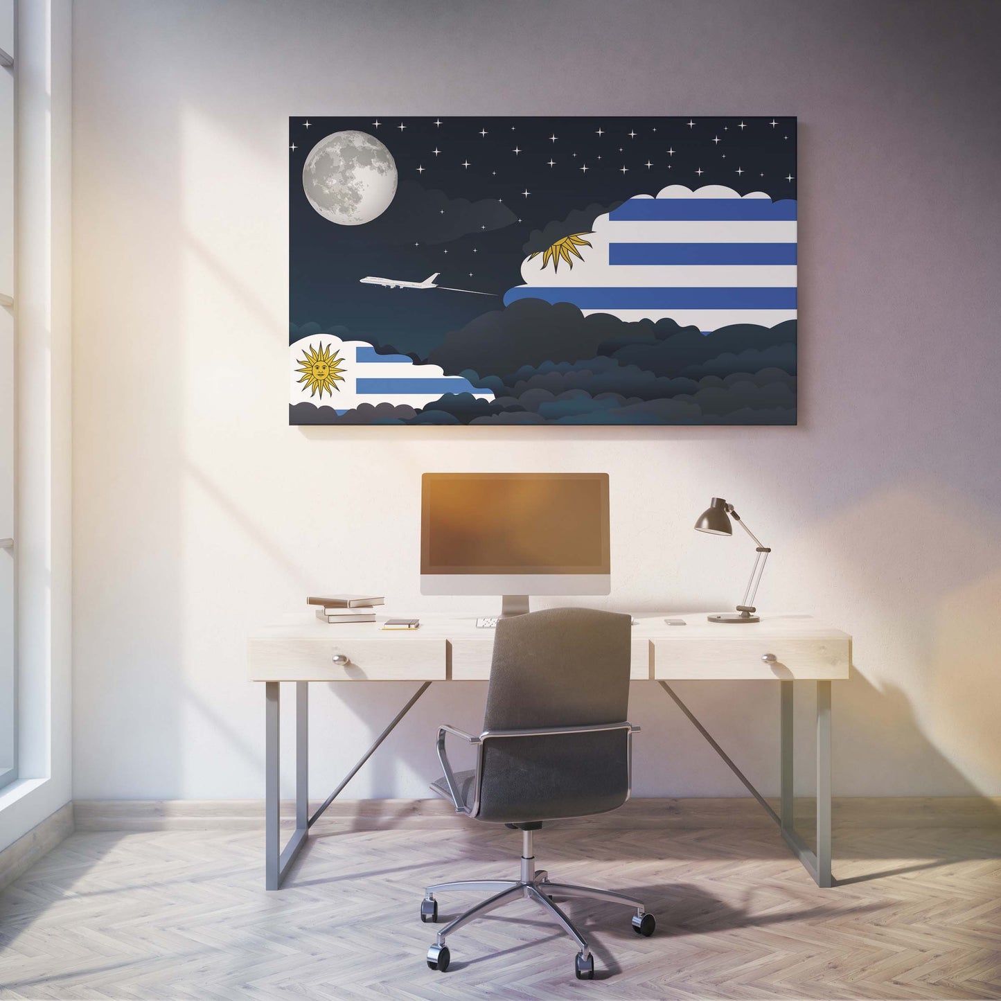 Uruguay Flags Night Clouds Canvas Print Framed