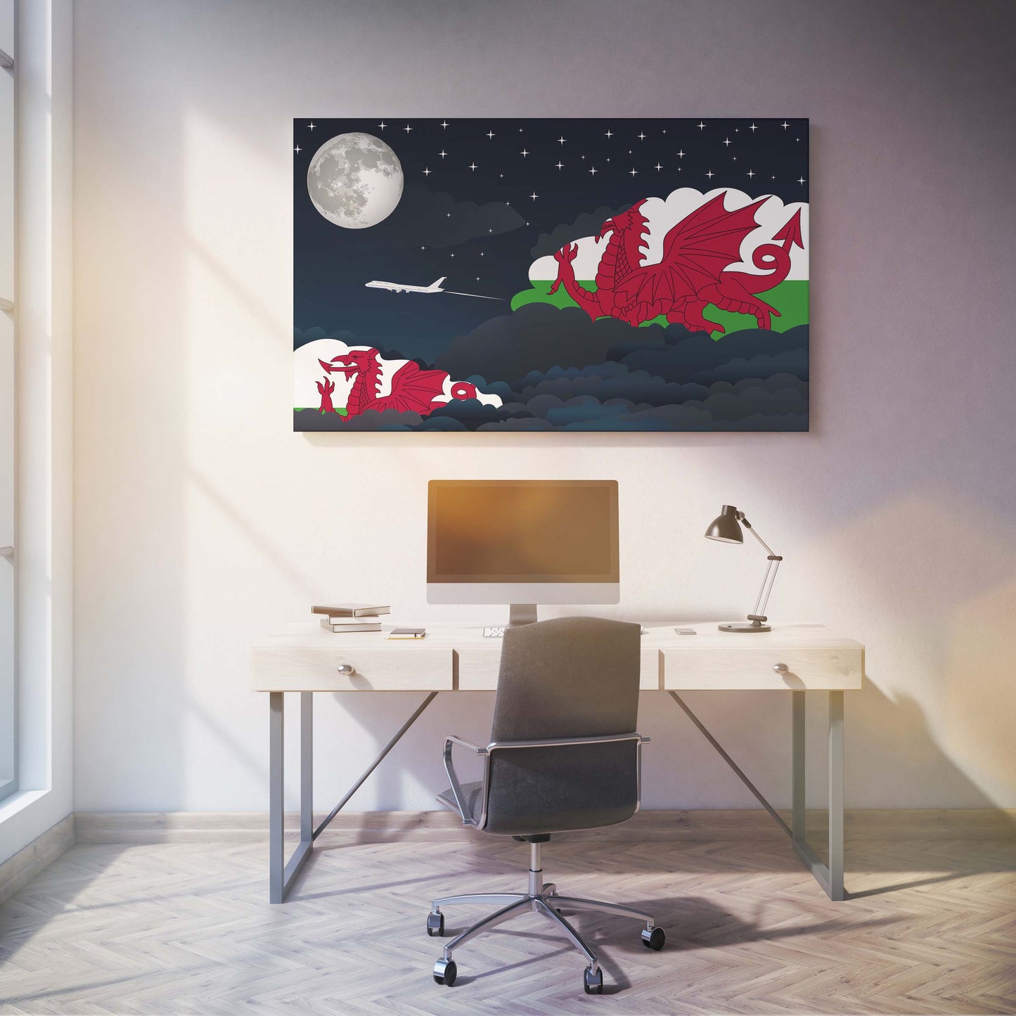 Wales Flags Night Clouds Canvas Print Framed